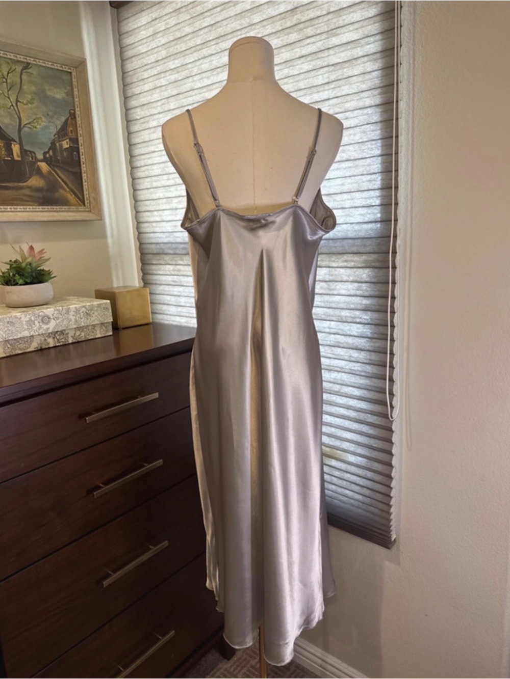 NWT Bebe Silver Satin Cowl Neck Slip Dress. Size Large - Picture 3 of 5